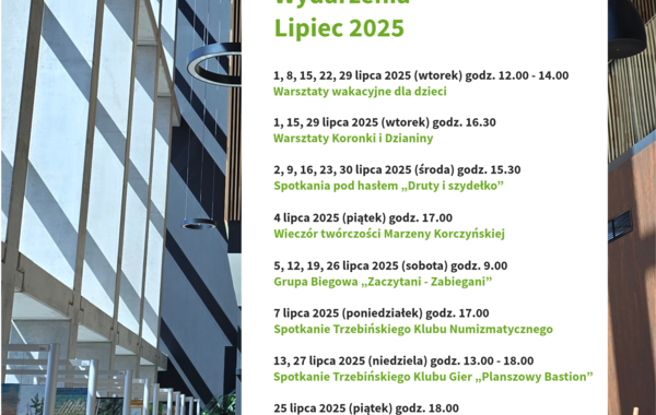Plakat z listą wydarzeń realizowanych w bibliotece w lipcu