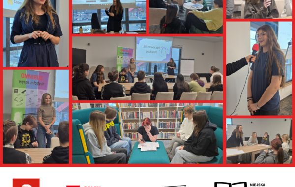 Kolaż ze zdjęć z warsztatów robienia podcastów