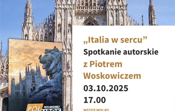 Plakat promujący spotkanie autorskie z Piotrem Woskowiczem, 03.10.2025 r.