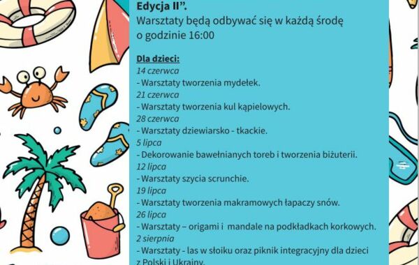 Plakat zachęcający do udziału w warsztatach wakacyjnych