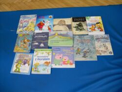 Książki o tematyce zimowej przygotowane przez bibliotekarza na zajęcia z dziećmi