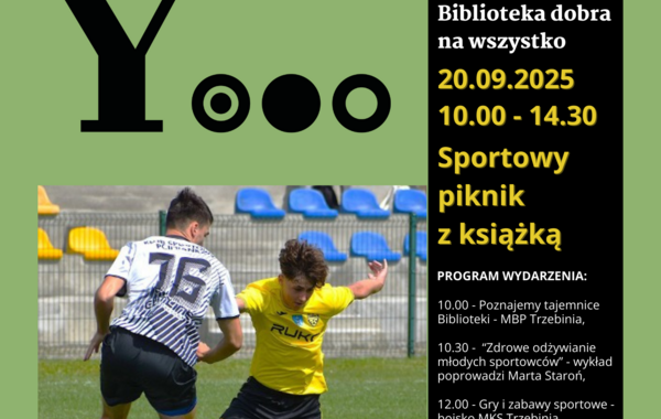 Plakat zapraszajacy na piknik sportowy z ksiażką