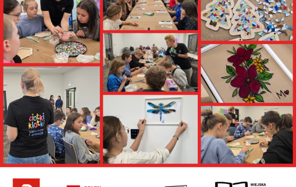 Kolaż ze zdjęć z warsztatów tworzenia witraży i mozaiki