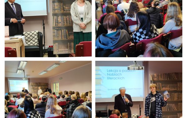 Kolaż zdjęć ze spotkania profesora Farona z młodzieżą