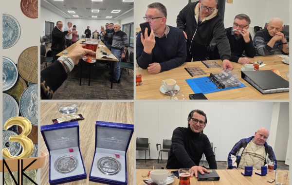 Kolaż ze zdjęć ze spotkania kwietniowego Klubu Numizmatów