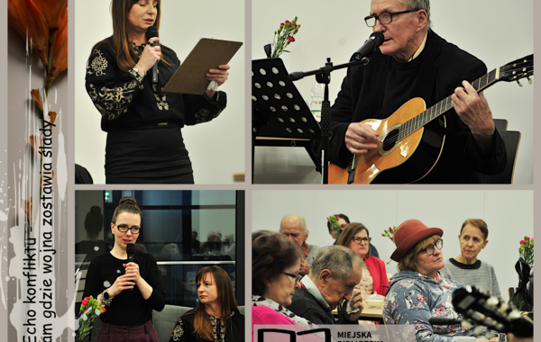 Kolaż ze zdjęć z wieczoru poezji „Echo konfliktu – tam, gdzie wojna zostawia ślady”