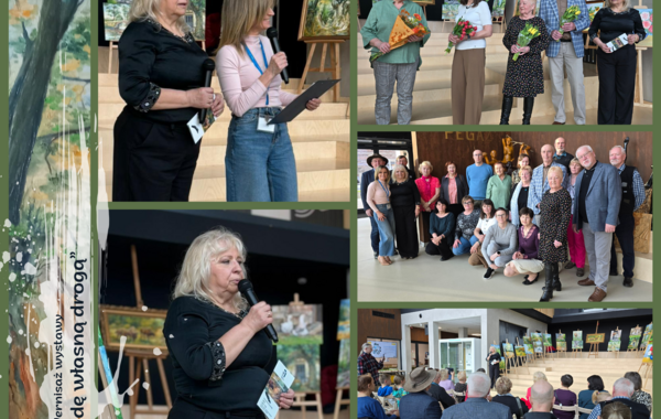 Kolaz ze zdjęć z wernisażu twórców Robotniczego Stowarzyszenia Twórców Kultury w Chełmku