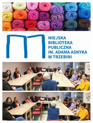 Kolaż zdjęć. Grafika z włóczkami, logo Biblioteki oraz dwa zdjęcia ze spotkania organizacyjnego