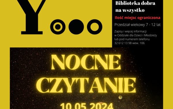 Plakat promujący Nocne Czytanie 10 maja 2024 o godz. 19:00