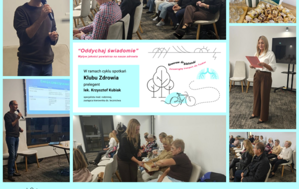 Kolaż ze zdjęć ze spotkania z prelegentem lek. Krzysztofem Kubiakiem