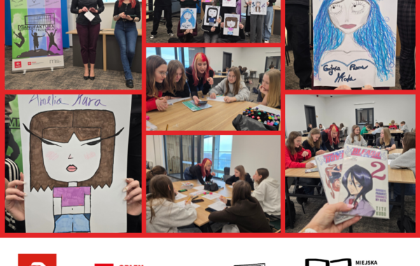 kolaż ze zdjęć z warsztatów tworzenia plakatu komiksowego