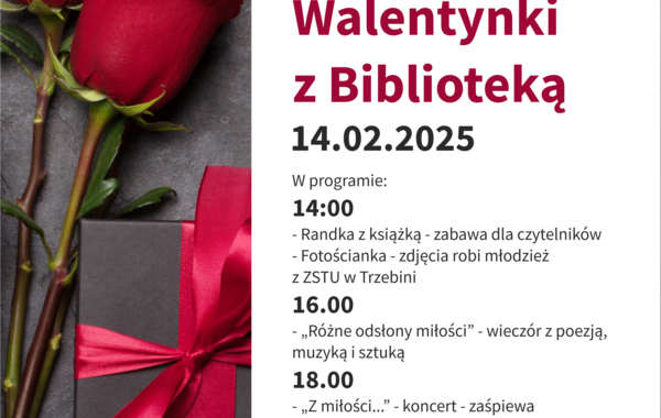 Plakat promujący walentynki z biblioteką