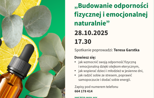 Plakat promujący spotkanie "Budowanie odpornođi fiyzcynej i emocjonalnej naturalnieę