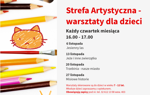 Plakat promujący warsztaty dla dzieci w miesiącu listopad