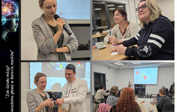 Kolaż ze zdjęć z prelekcji w ramach Klubu Zdrowia pt. Jak działa mózg? Świadoma głowa w świecie mediów