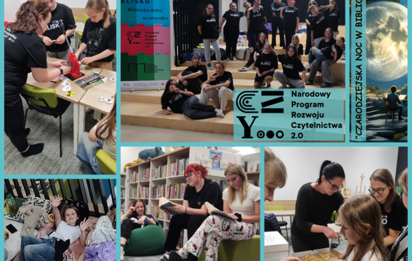 Kolaż ze zdjęć z Czarodziejskiej nocy w Bibliotece