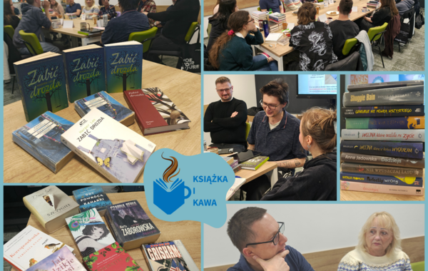 Kolaż ze zdjęć z kwietniowego spotkania Klubu Czytelniczego
