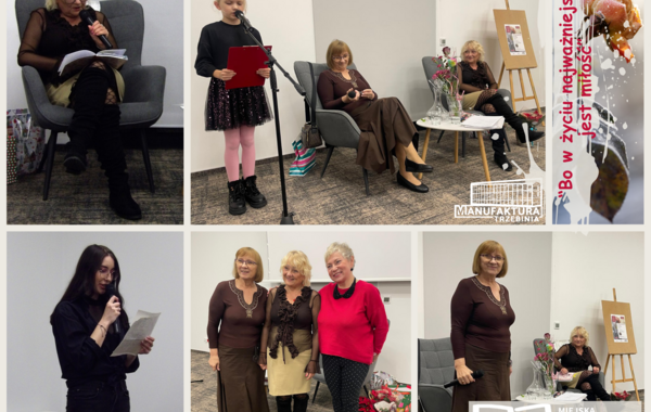 Kolaż ze zdjęc ze spotkania wieczoru poezji Barbary Jurczyk