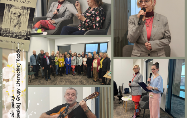 Kolaż ze zdjęć ze spotkania Grupy Literackiej "Każdy"