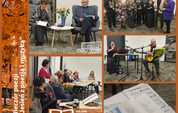 Kolaż ze zdjęć z wieczoru poezji "Jesień z poezją i muzyką"