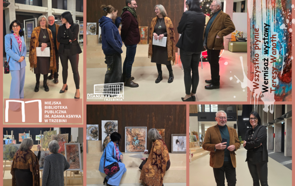 Kolaż ze zdjęć z wernisażu wystawy "Wszystko płynie"