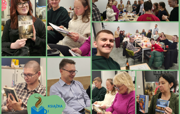 Kolaż ze zdjęć ze spotkania styczniowego Klubu Czytelniczego