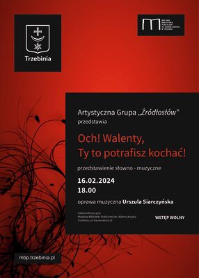 Plakat walentynkowy utrzymany w tonacji czerwono czarnej