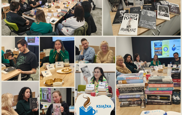 Kolaż ze zdjęć ze spotkania lutowego Klubu Czytelniczego