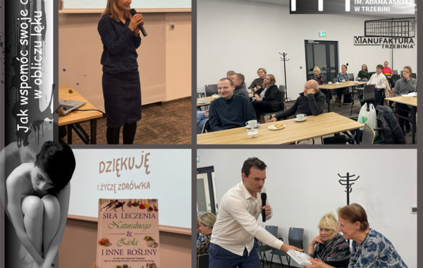 Kolaż ze zdjęć z prelekcji Jak wspomóc swoje ciało w obliczu lęku