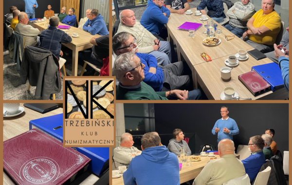 Kolaż ze zdjęć ze spotkania listopadowego pasjonatów numizmatyki