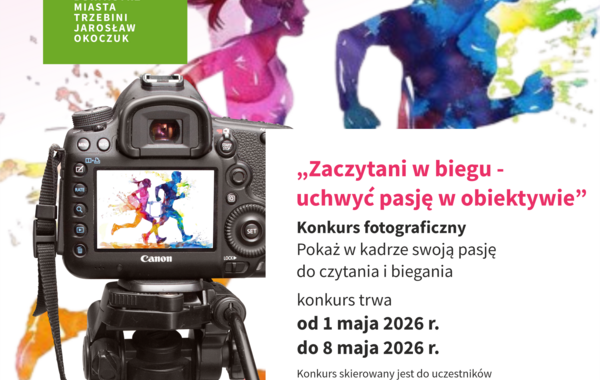 Plakat promujący konkurs fotograficzny pt. Zaczytani w biegu