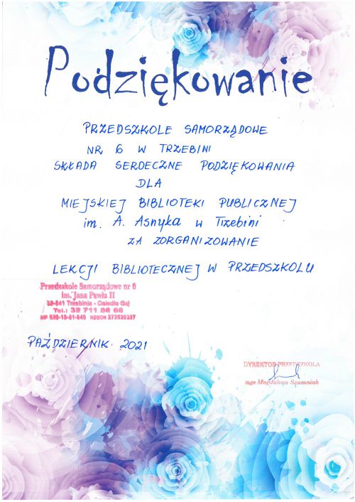 Podziękowanie za przeprowadzenie lekcji bibliotecznej