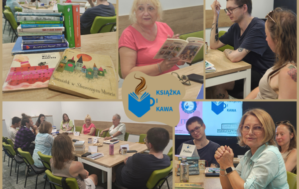 Kolaż ze zdjęć z czerwcowego spotkania Klubu Czytelniczego