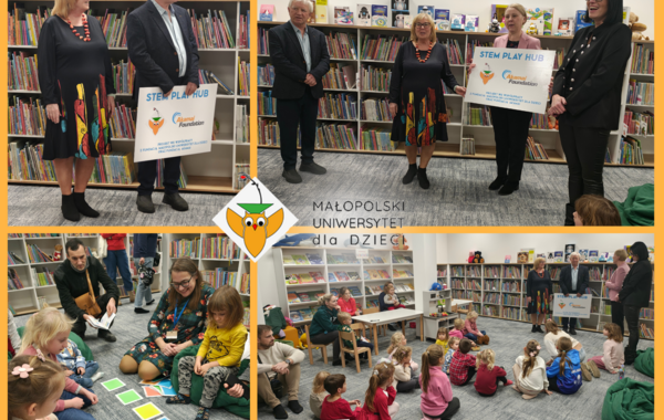 Kolaż ze zdjęć z uroczystego otwarcia Przestrzeni STEM