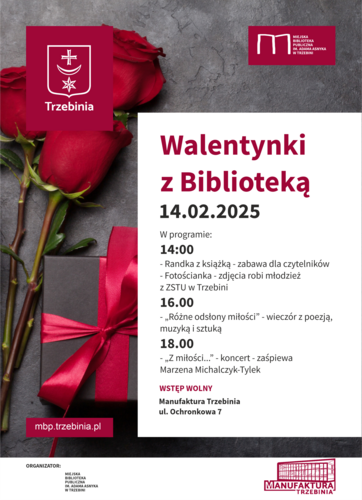 Plakat promujący walentynki z biblioteką