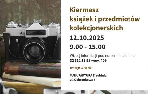 Plakat promujący kiermasz książek i przedmiotów kolekcjonerskich