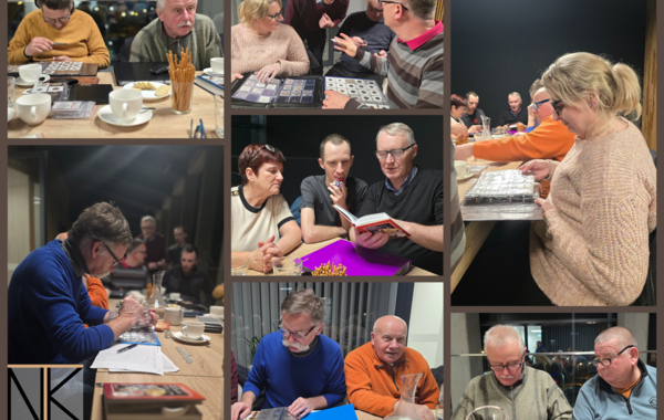 Kolaż ze zdjęć ze spotkania styczniowego Trzebińskiego Klubu Numizmatycznego