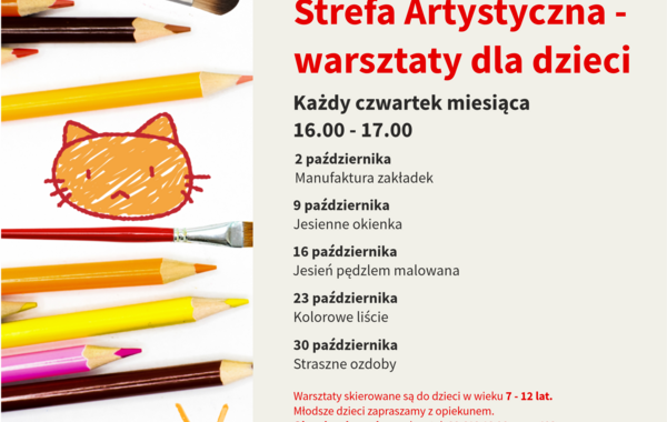 Plakat promujący Strefę Artystyczną - warsztaty dla dzieci na październik