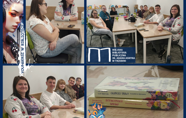 Kolaż ze zdjęć ze spotkania młodzieży w bibliotece