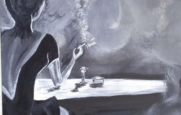 Jeden z obrazów Zbigniewa Piergiesa, a na nim siedząca tyłem przy stoliku kobieta