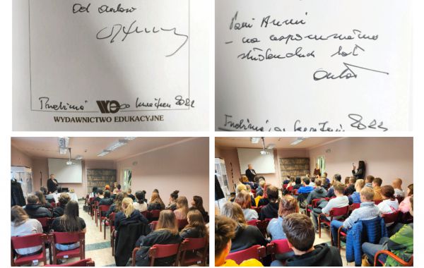 Kolaż zdjęć z wykładu o Młodej Polsce. Na nim strona tytułowa z autografem, Bolesław Faron i młodzież podczas wykładu.