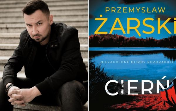 Grafika przedstawiająca Przemysława Żarskiego i okładkę jednej z jego książek.