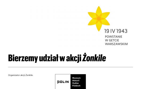 Logo akcji Żonkile. Na nim żonkil, logo organizatora i data 19 kwietnia 1943 roku