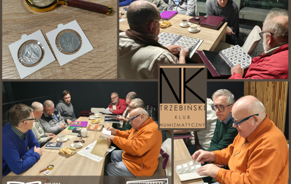 Kolaż ze zdjęć ze spotkania Trzebińskiego Klubu Numizmatycznego
