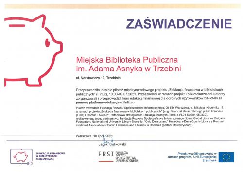 Zaświadczenie o przeprowadzonym projekcie "Edukacja finansowa w bibliotekach publicznych"