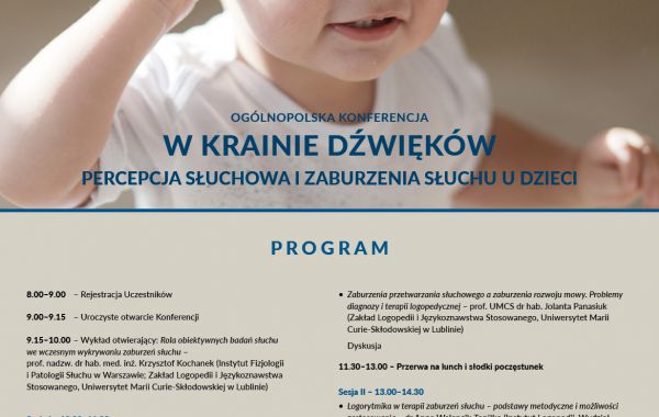 Plakat promujący konferencję. Na nim grafika z małym dzieckiem trzymającym się za ucho i programem spotkania