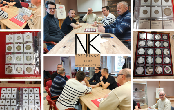 Kolaż ze zdjęć ze spotkania Trzebińskiego Klubu Numizmatycznego