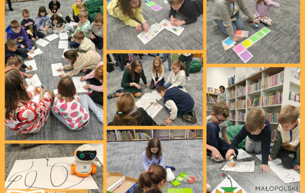 Kolaż zem zdjęć zrobionych podczas zabawy dzieci robotami