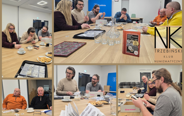 Kolaż ze zdjęć ze spotkania lutowego Trzebińskiego Klubu Numizmatycznego