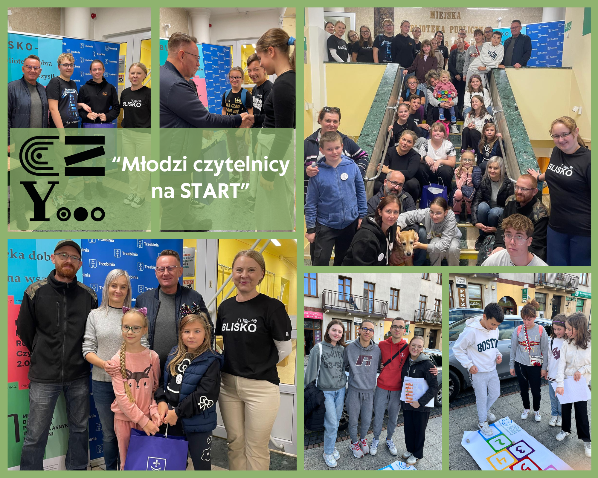 Kolaż ze zdjęć z Gry miejskiej "Młodzi czytelnicy na START"